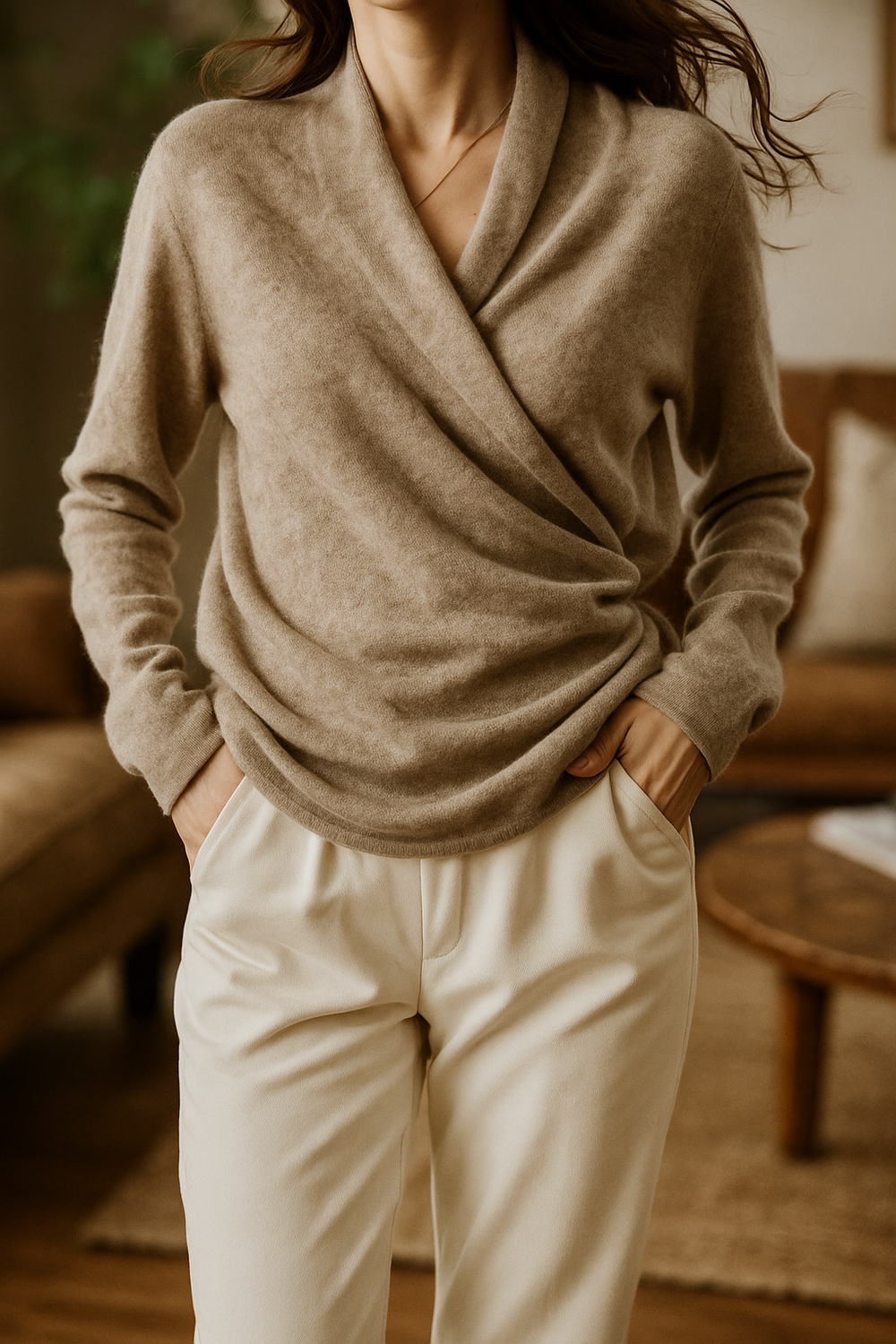 Women's V-Neck Knit Wrap Sweater with Ribbed Hem - Cozy & Stylish Knitwear