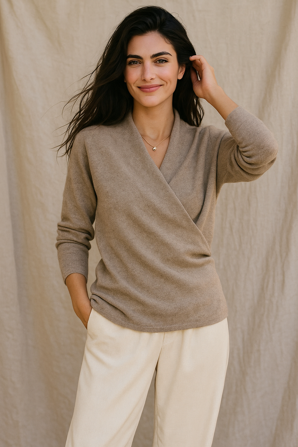 Women's V-Neck Knit Wrap Sweater with Ribbed Hem - Cozy & Stylish Knitwear