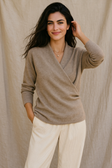 Women's V-Neck Knit Wrap Sweater with Ribbed Hem - Cozy & Stylish Knitwear