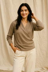 Women's V-Neck Knit Wrap Sweater with Ribbed Hem - Cozy & Stylish Knitwear