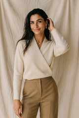 Women's V-Neck Knit Wrap Sweater with Ribbed Hem - Cozy & Stylish Knitwear
