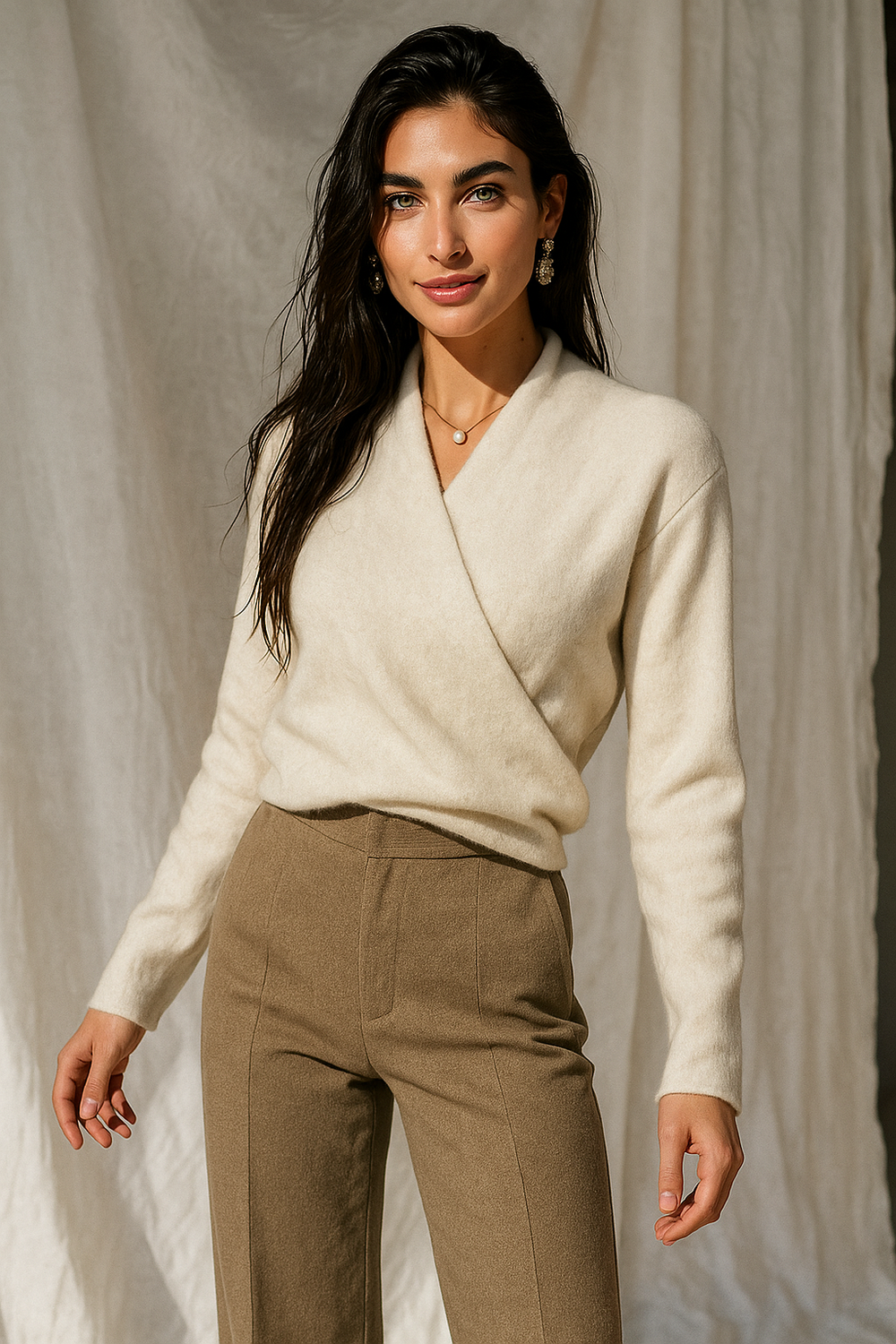 Women's V-Neck Knit Wrap Sweater with Ribbed Hem - Cozy & Stylish Knitwear