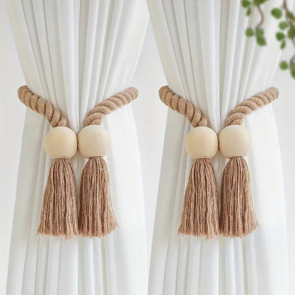 2-Pack Wooden Bead Tassel Curtain Tie Backs | Elegant Home Decor Accessories
