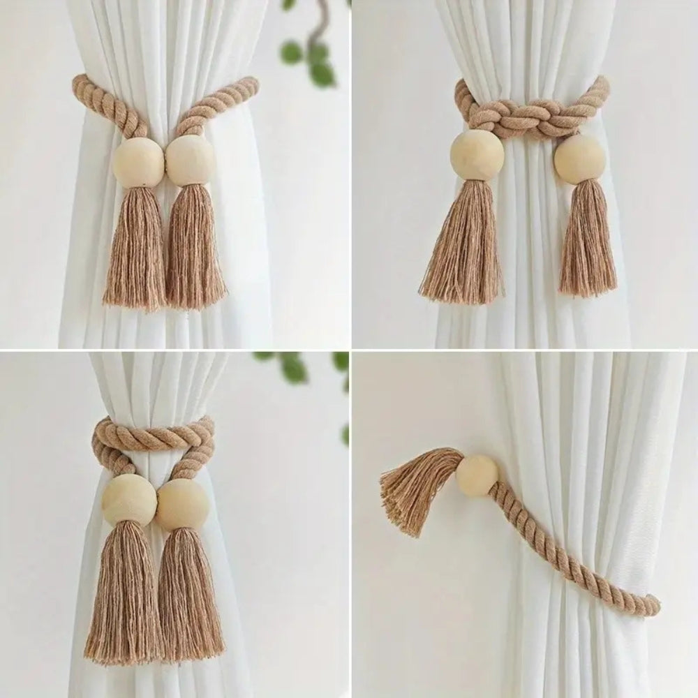 2-Pack Wooden Bead Tassel Curtain Tie Backs | Elegant Home Decor Accessories