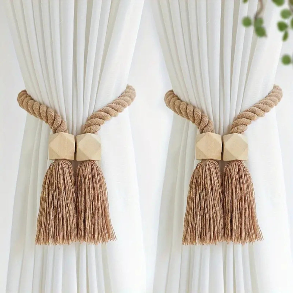 2-Pack Wooden Bead Tassel Curtain Tie Backs | Elegant Home Decor Accessories