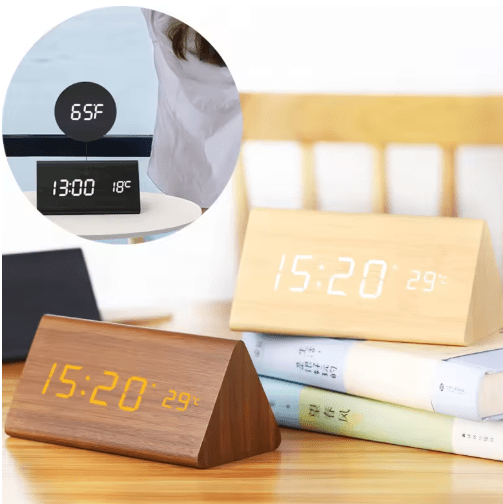 LED Wooden Desk Clock – Voice Activated, Time & Temperature Display