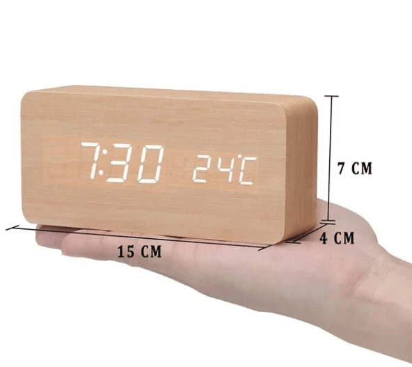 LED Wooden Desk Clock – Voice Activated, Time & Temperature Display