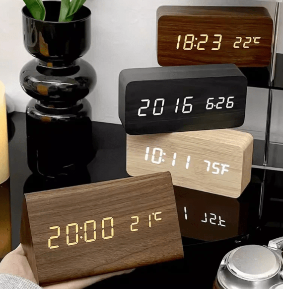 LED Wooden Desk Clock – Voice Activated, Time & Temperature Display